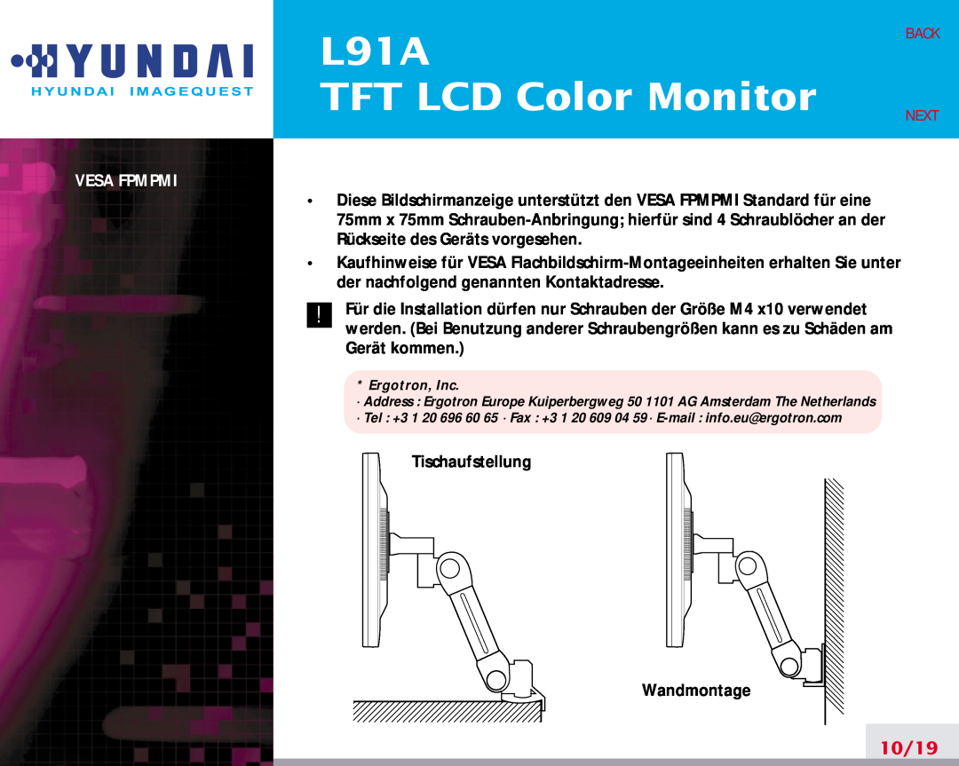Hyundai manual L91A TFT LCD Color Monitor, 10/19, Back Next, Vesa Fpmpmi 