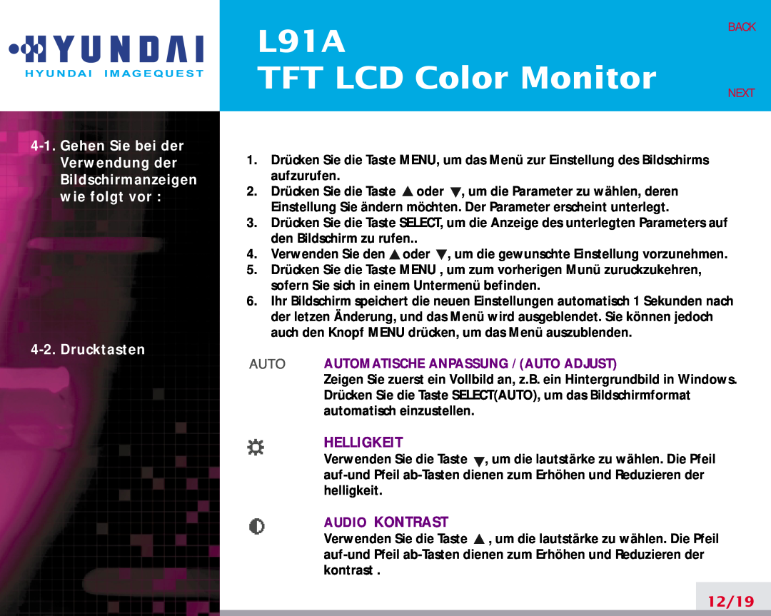 Hyundai L91A manual TFT LCD Color Monitor, Drucktasten, Helligkeit, Audio Kontrast, 12/19, Back, Next 
