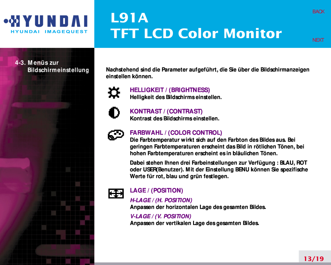 Hyundai L91A TFT LCD Color Monitor, Menüs zur, Helligkeit / Brightness, Kontrast / Contrast, Farbwahl / Color Control 