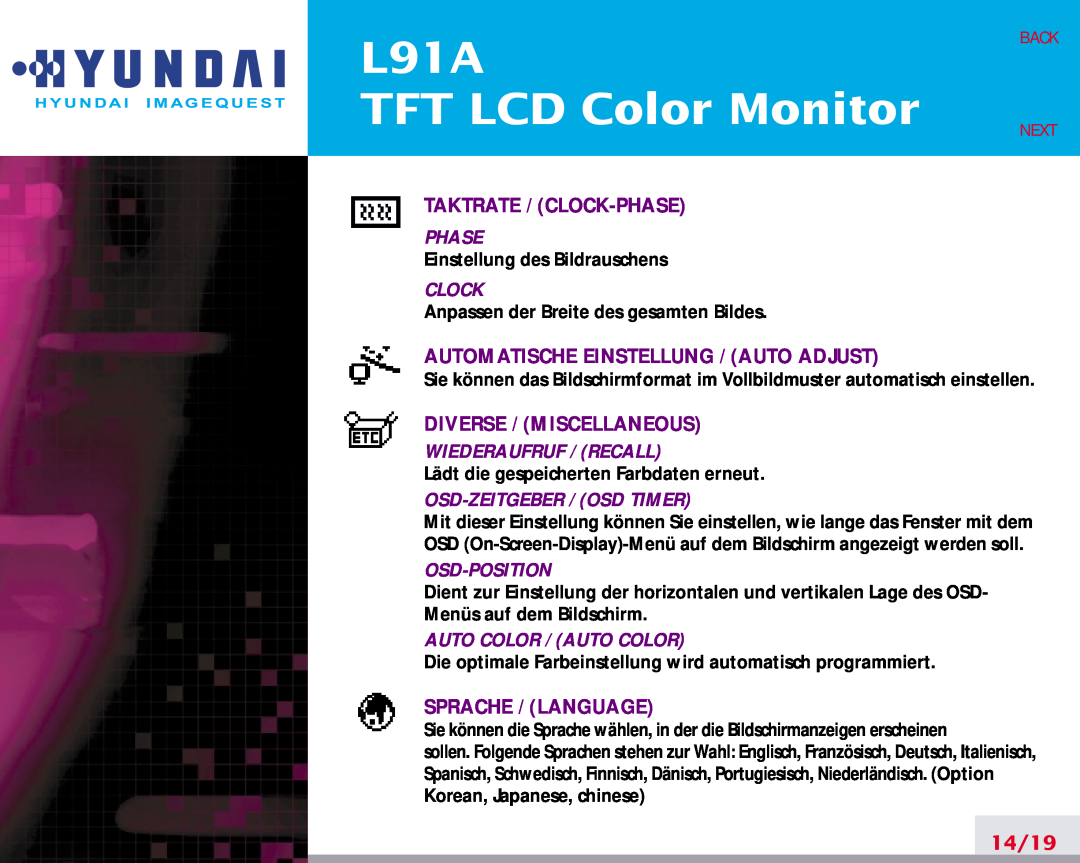 Hyundai L91A TFT LCD Color Monitor, Taktrate / Clock-Phase, Automatische Einstellung / Auto Adjust, Sprache / Language 