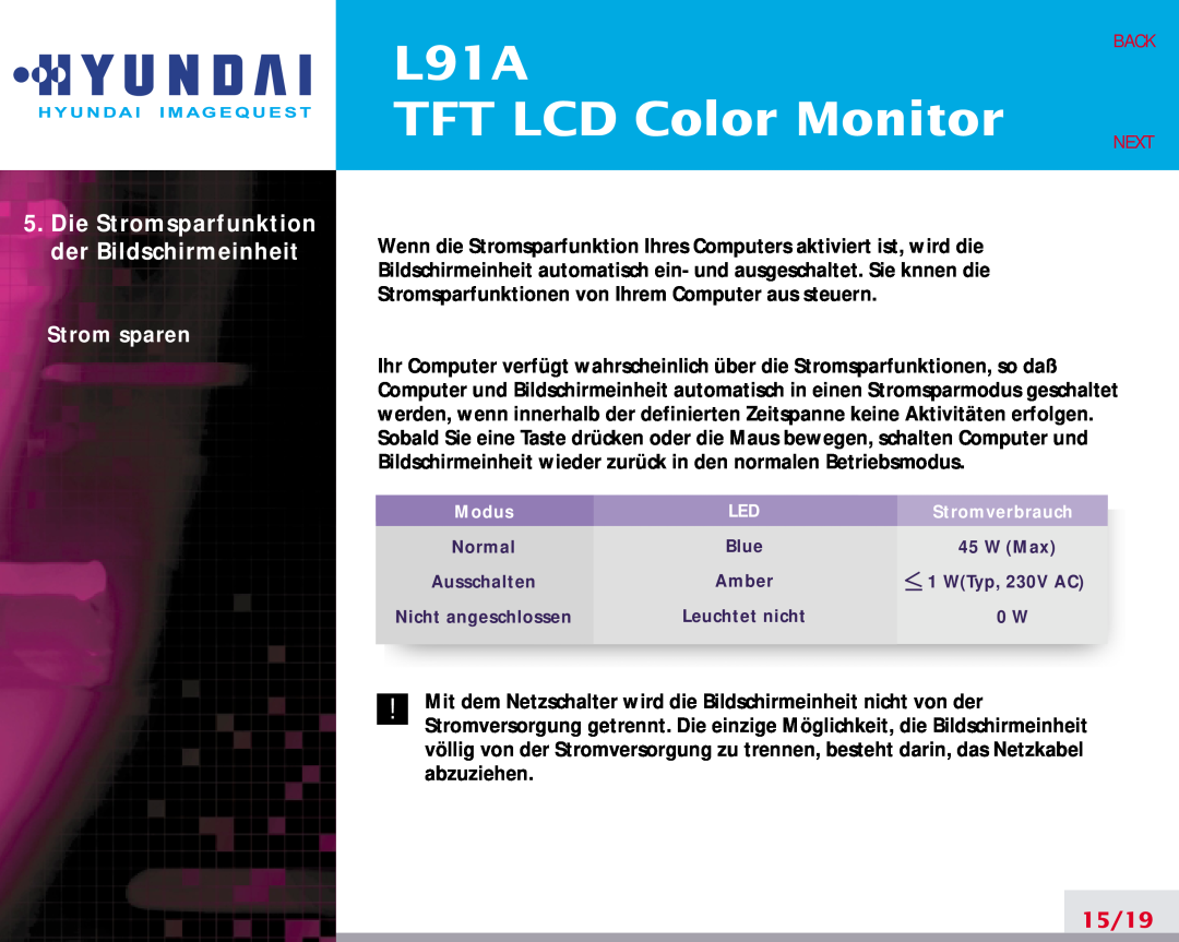 Hyundai L91A manual Die Stromsparfunktion der Bildschirmeinheit, TFT LCD Color Monitor, Strom sparen, 15/19, Back, Next 