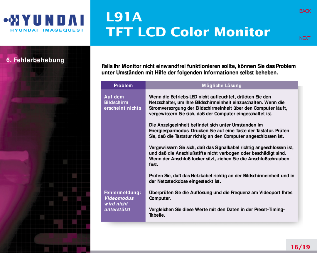 Hyundai manual Fehlerbehebung, L91A TFT LCD Color Monitor, 16/19, Back Next, Videomodus, wird nicht, unterstützt 