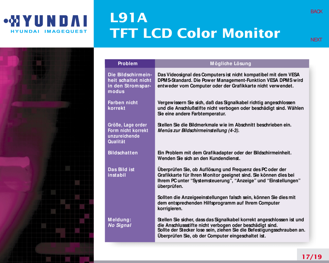 Hyundai manual L91A TFT LCD Color Monitor, 17/19, Back Next, No Signal 