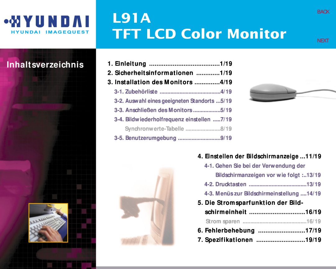 Hyundai L91A manual TFT LCD Color Monitor, Inhaltsverzeichnis, Fehlerbehebung, 17/19, Spezifikationen, 19/19 