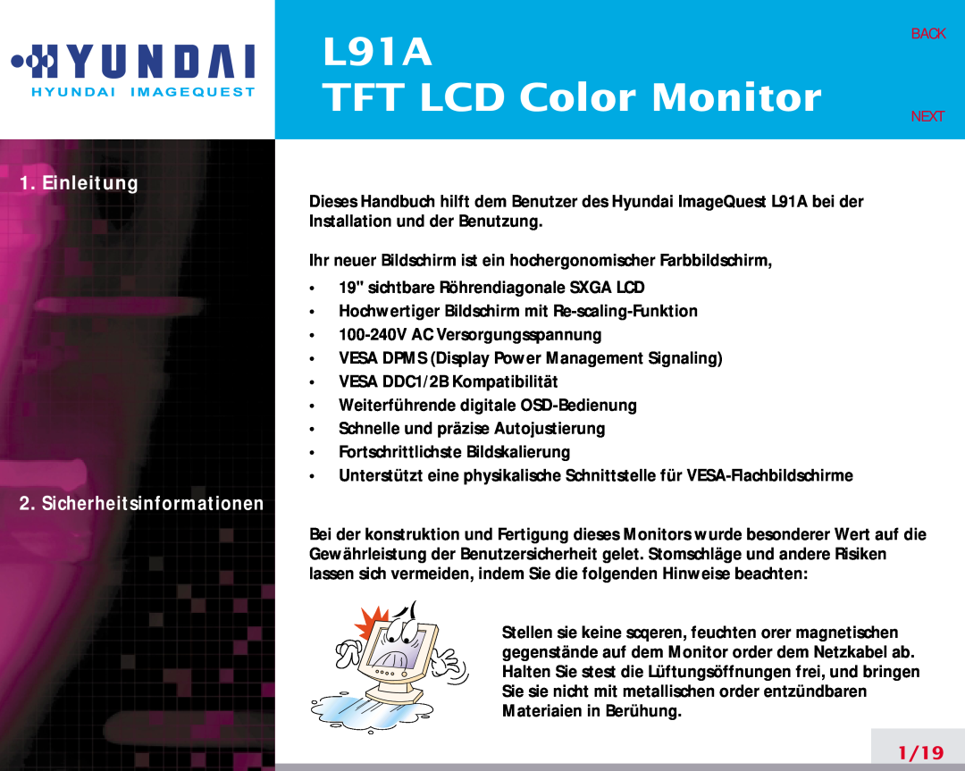 Hyundai manual L91A TFT LCD Color Monitor, Einleitung, 1/19, Back Next, Sicherheitsinformationen 