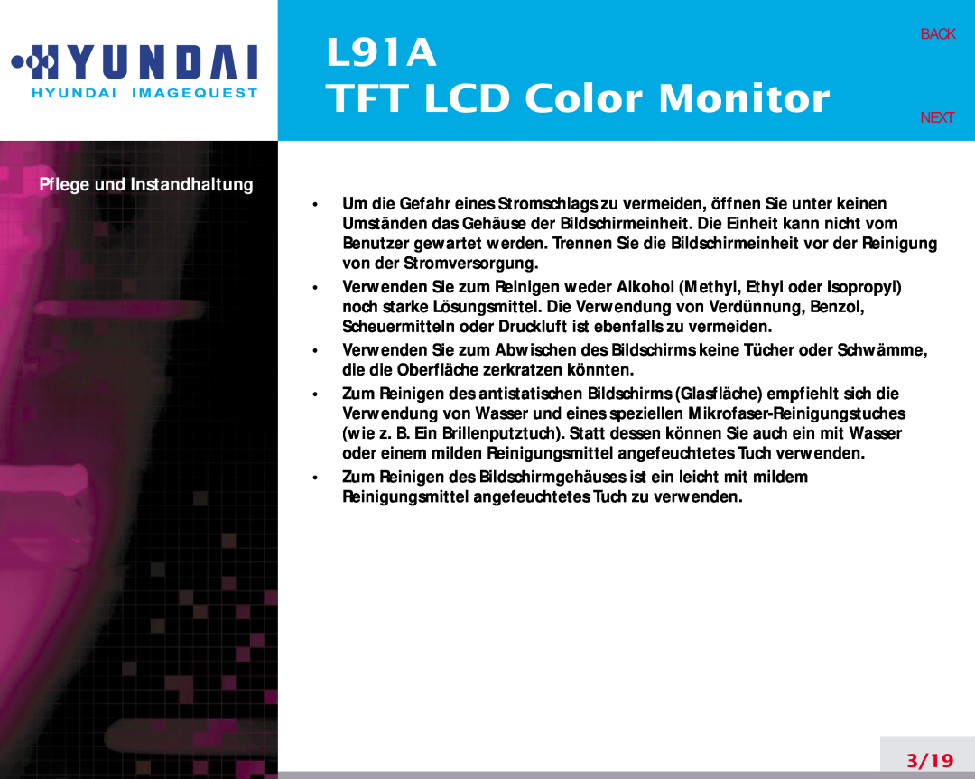 Hyundai manual L91A TFT LCD Color Monitor, Pflege und Instandhaltung, 3/19, Back Next 