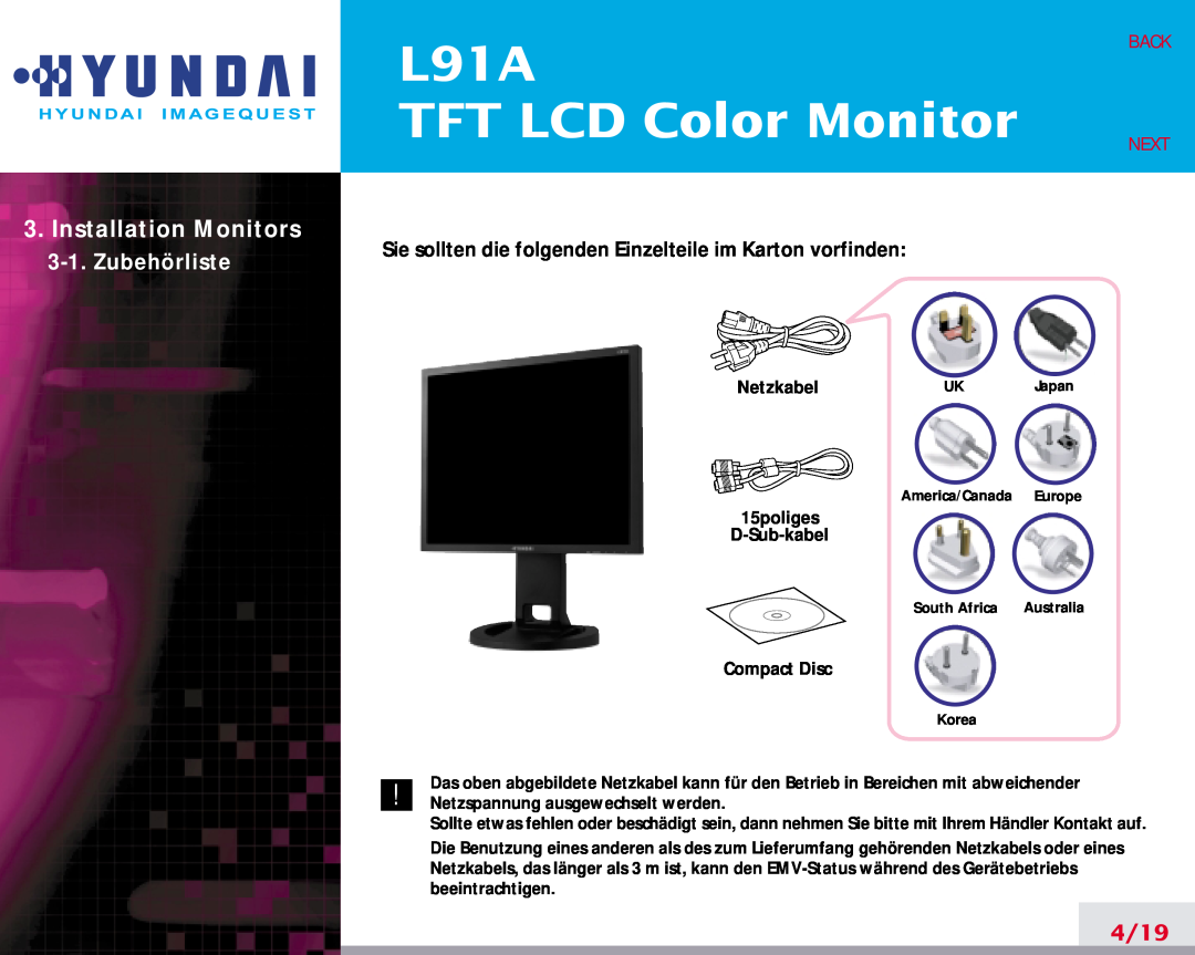 Hyundai L91A manual Installation Monitors, TFT LCD Color Monitor, Zubehörliste, 4/19, Back, Next 