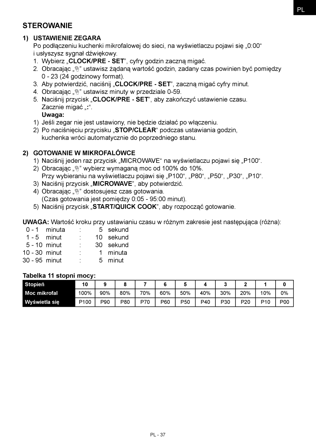 Hyundai MWEGH 281S manual Ustawienie Zegara, Uwaga, Gotowanie W Mikrofalówce, Tabelka 11 stopni mocy 