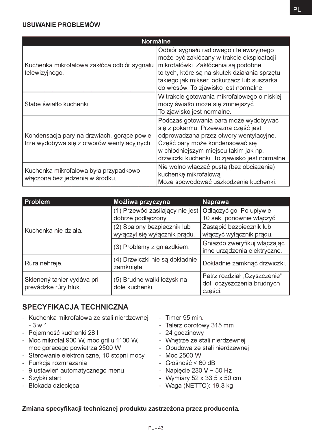 Hyundai MWEGH 281S manual Specyfikacja techniczna, Usuwanie Problemów, Problem Możliwa przyczyna Naprawa 