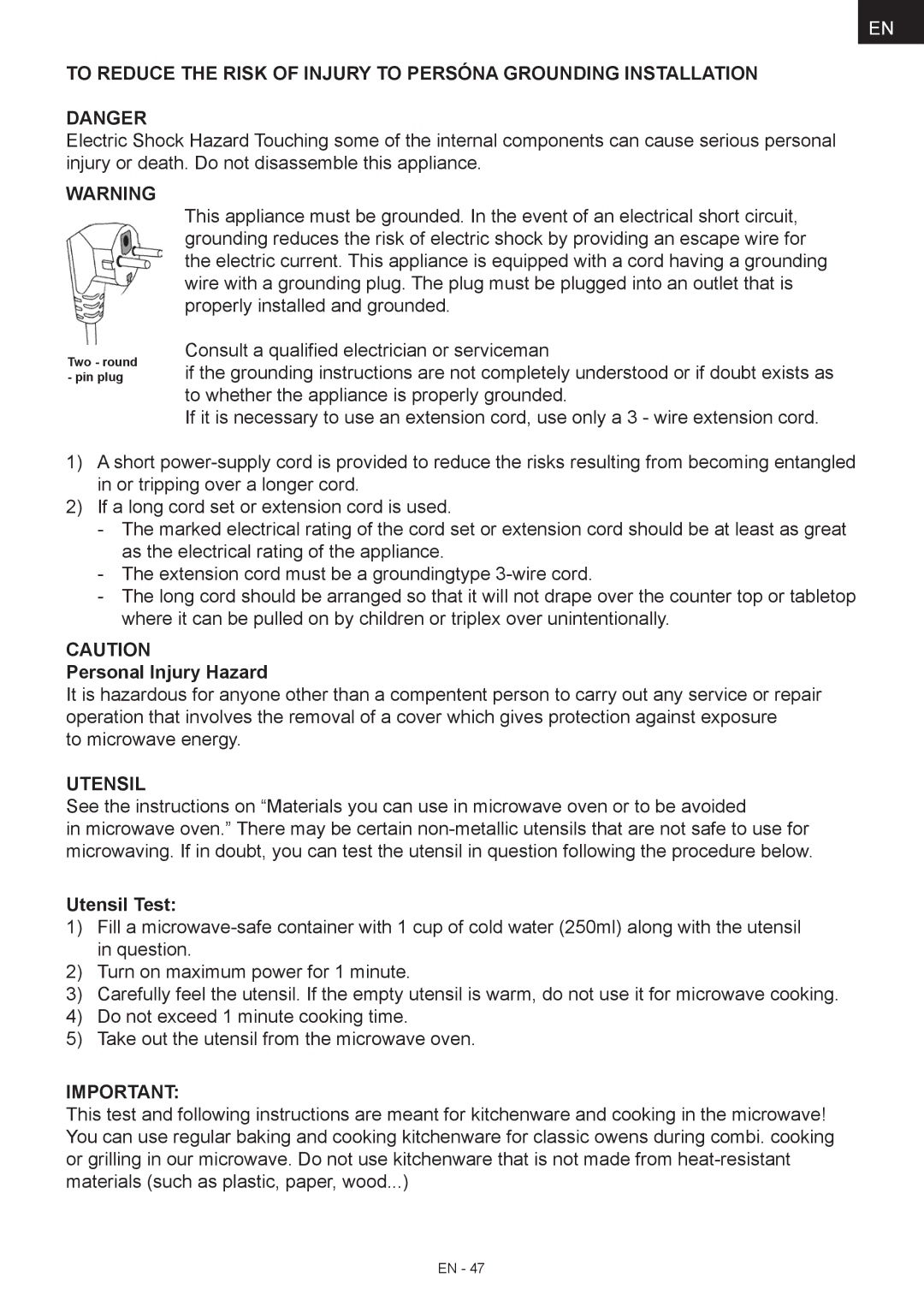 Hyundai MWEGH 281S manual Personal Injury Hazard, Utensil Test 