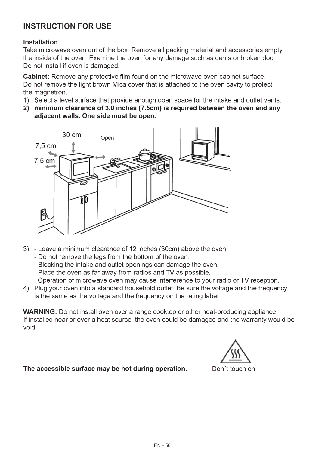 Hyundai MWEGH 281S manual Instruction for Use, Installation, Accessible surface may be hot during operation 