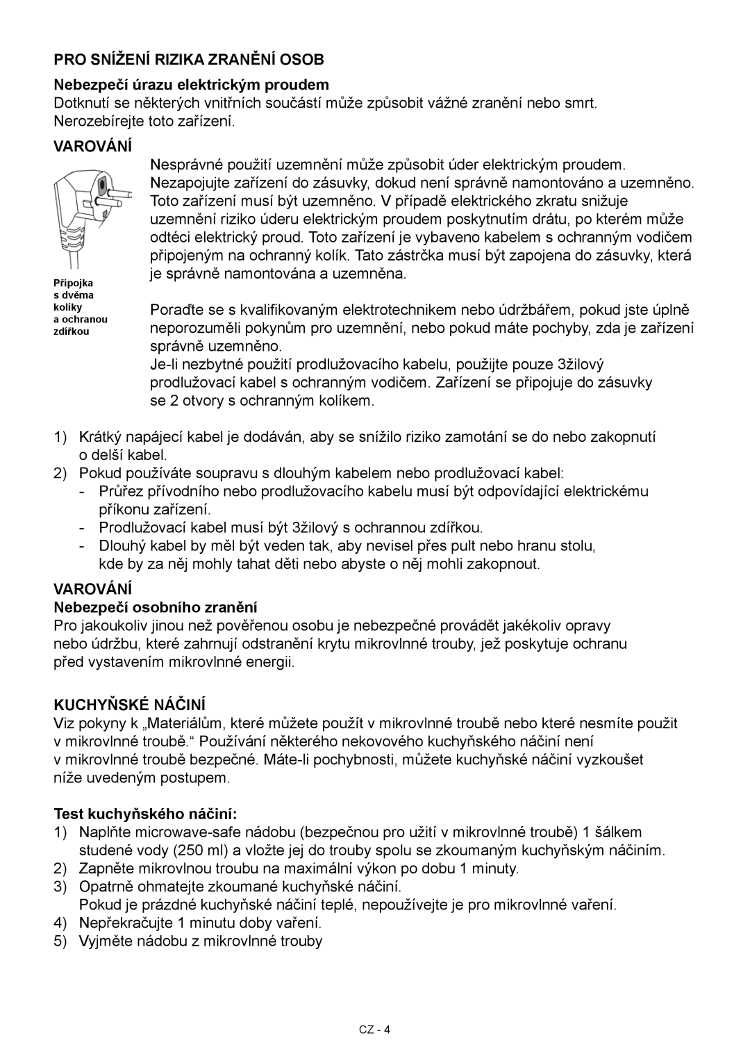 Hyundai MWEGH 281S manual Pro snížení rizika zranění osob Nebezpečí úrazu elektrickým proudem, Varování, Kuchyňské Náčiní 
