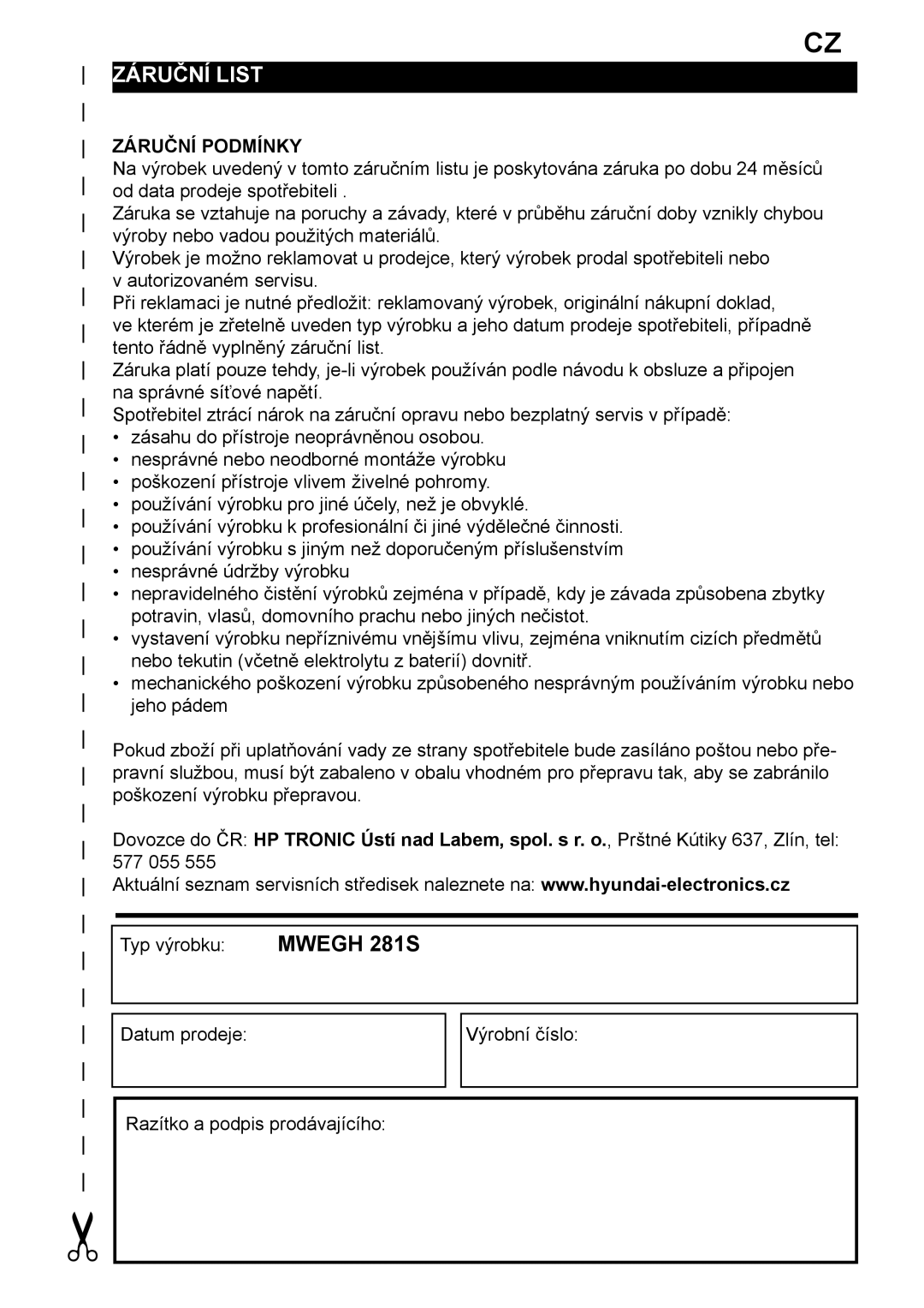 Hyundai MWEGH 281S manual Záruční list, Záruční Podmínky 