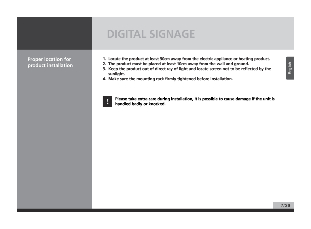 Hyundai P224WK manual Digital Signage, Proper location for product installation 