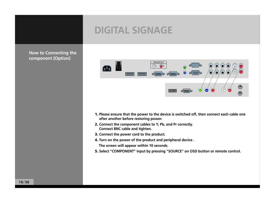 Hyundai P224WK manual Digital Signage, How to Connecting the component Option, 16/36 