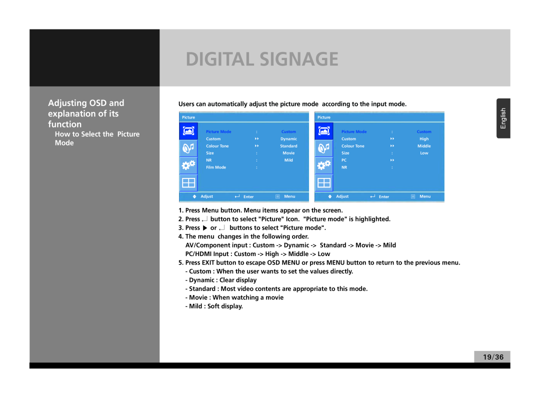 Hyundai P224WK Digital Signage, Adjusting OSD and explanation of its function, How to Select the Picture Mode, English 