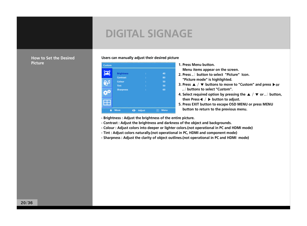 Hyundai P224WK manual Digital Signage, How to Set the Desired Picture, 20/36 
