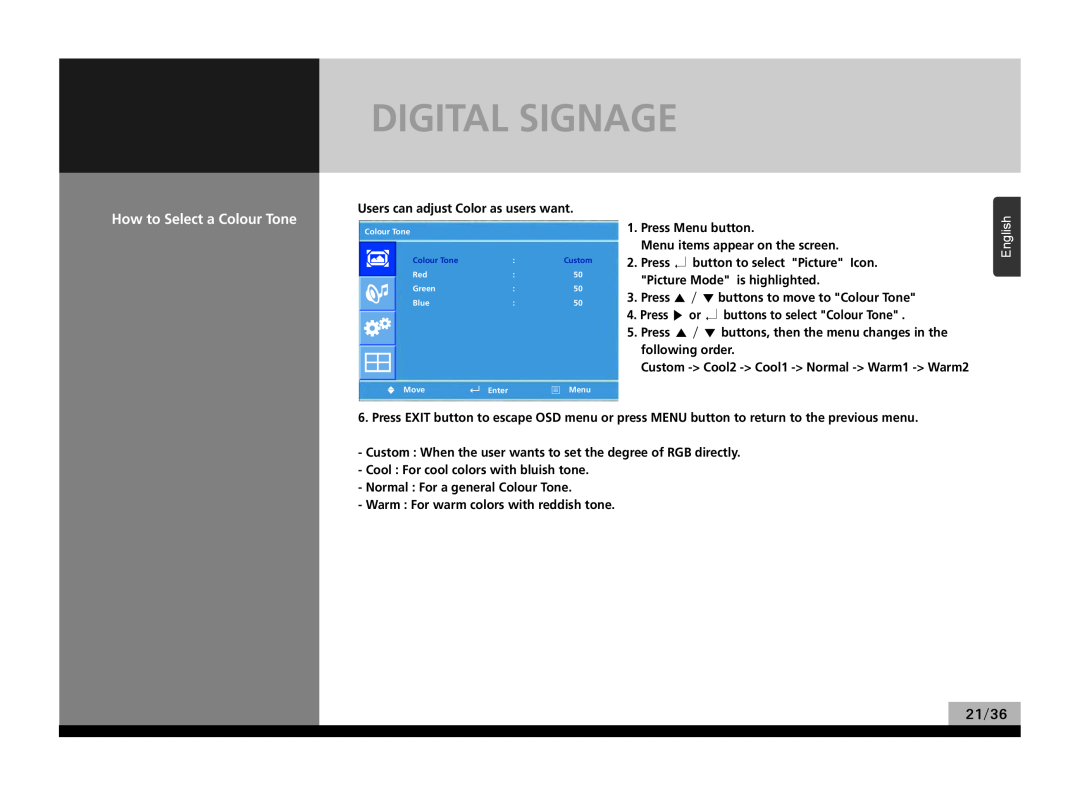 Hyundai P224WK manual Digital Signage, How to Select a Colour Tone, English, 21/36 