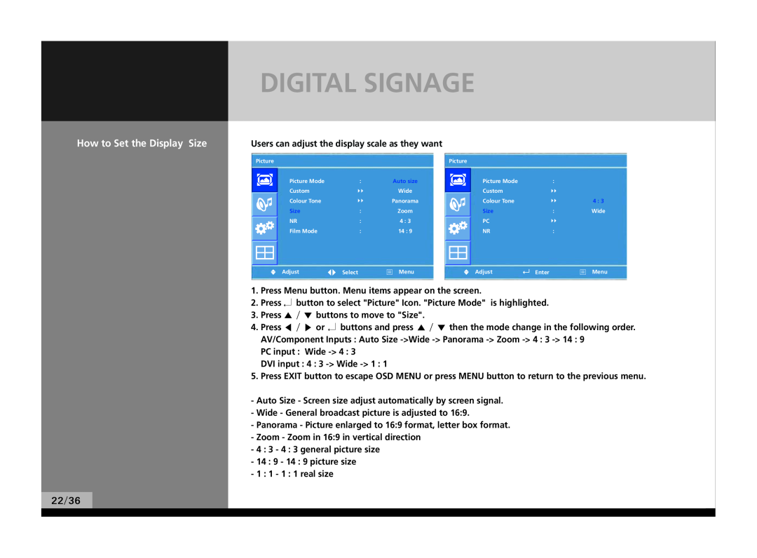 Hyundai P224WK manual Digital Signage, How to Set the Display Size, 22/36 