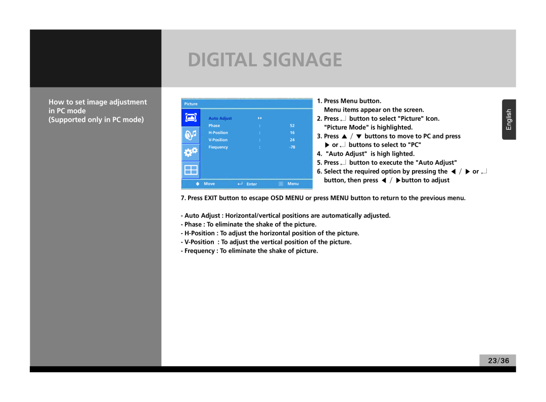 Hyundai P224WK manual Digital Signage, How to set image adjustment in PC mode Supported only in PC mode, English, 23/36 