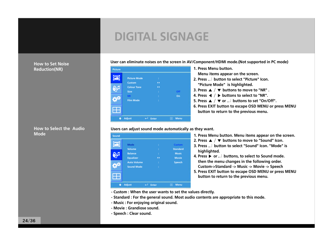 Hyundai P224WK manual Digital Signage, How to Set Noise, ReductionNR, How to Select the Audio, Mode 