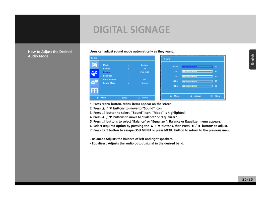 Hyundai P224WK manual Digital Signage, How to Adjust the Desired Audio Mode, English 