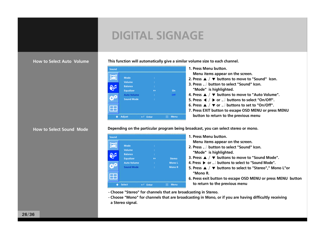 Hyundai P224WK manual Digital Signage, How to Select Auto Volume, How to Select Sound Mode, 26/36 