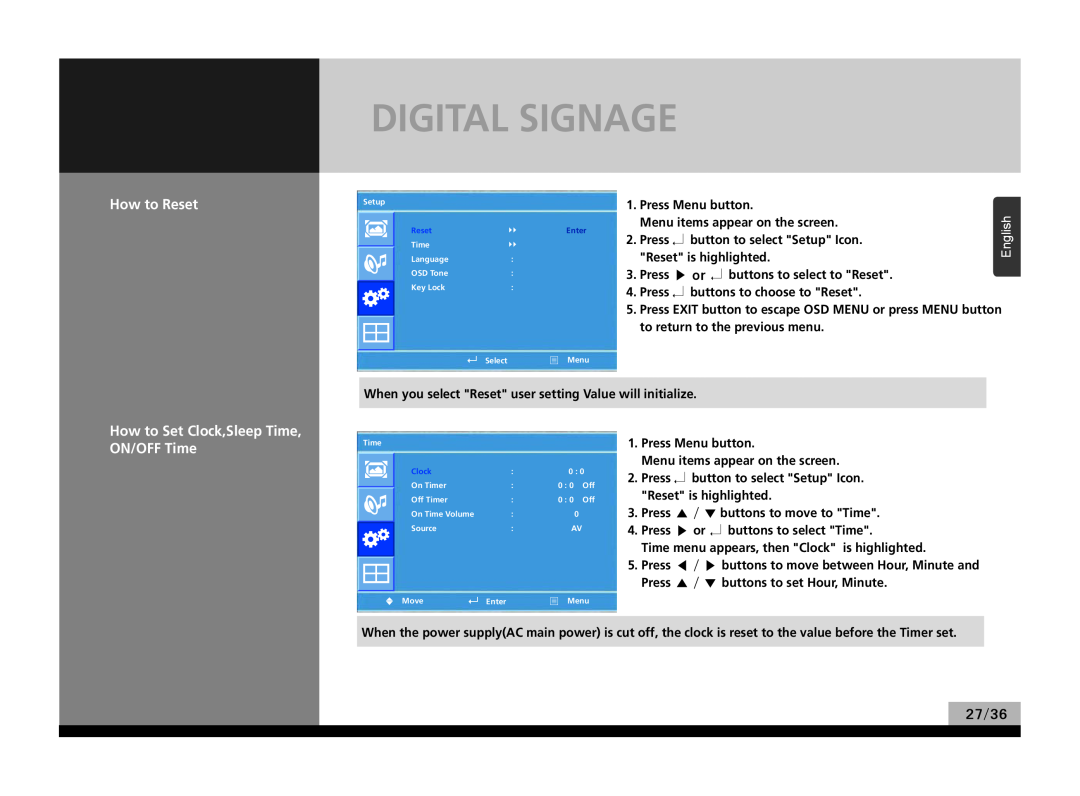 Hyundai P224WK manual Digital Signage, How to Reset, How to Set Clock,Sleep Time, ON/OFF Time, 27/36 