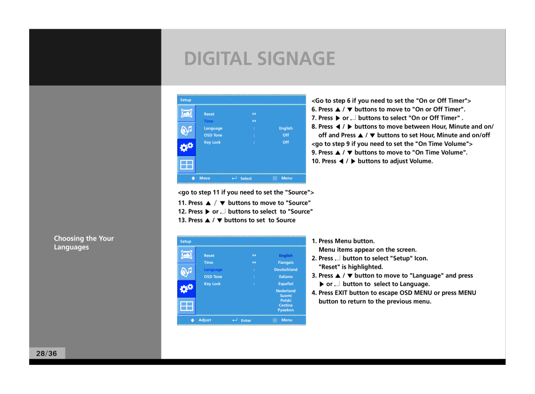 Hyundai P224WK manual Digital Signage, Choosing the Your Languages, 28/36 