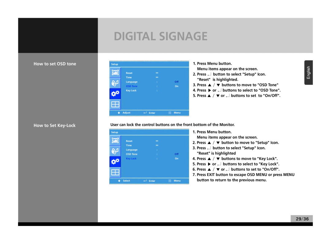 Hyundai P224WK manual Digital Signage, How to set OSD tone, How to Set Key-Lock, English, 29/36 