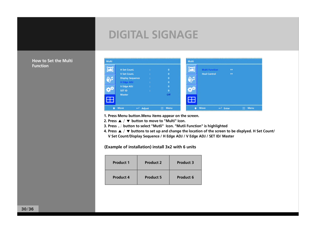 Hyundai P224WK manual Digital Signage, How to Set the Multi Function, Example of installation install 3x2 with 6 units 