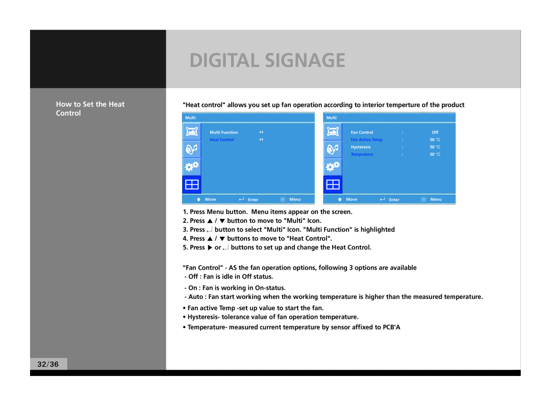 Hyundai P224WK manual Digital Signage, How to Set the Heat Control, 32/36 