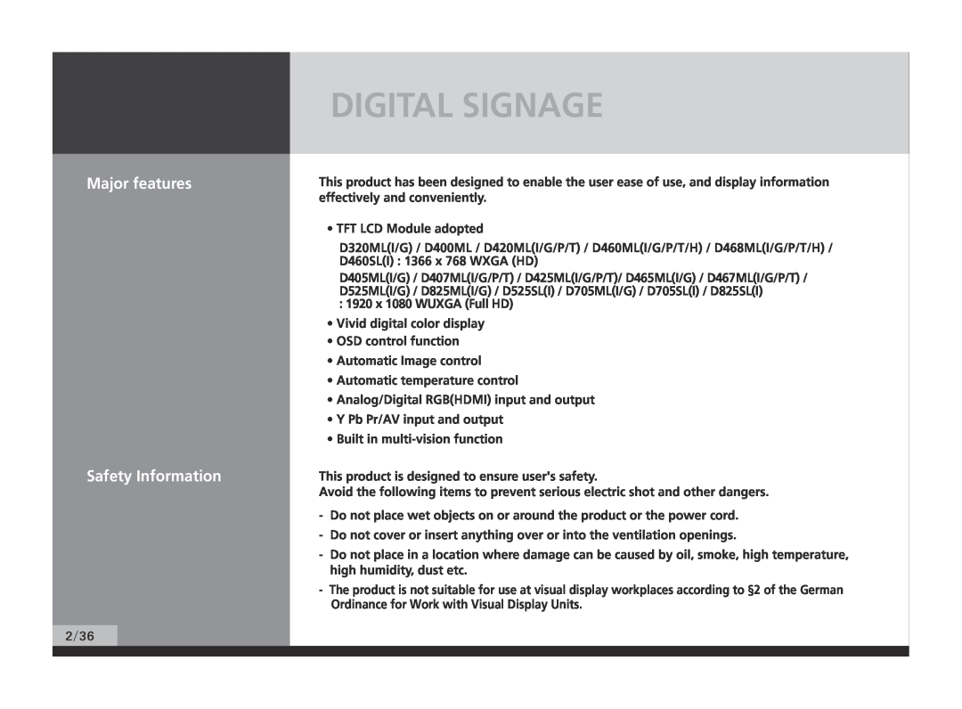 Hyundai P224WK manual Digital Signage, Major features Safety Information 