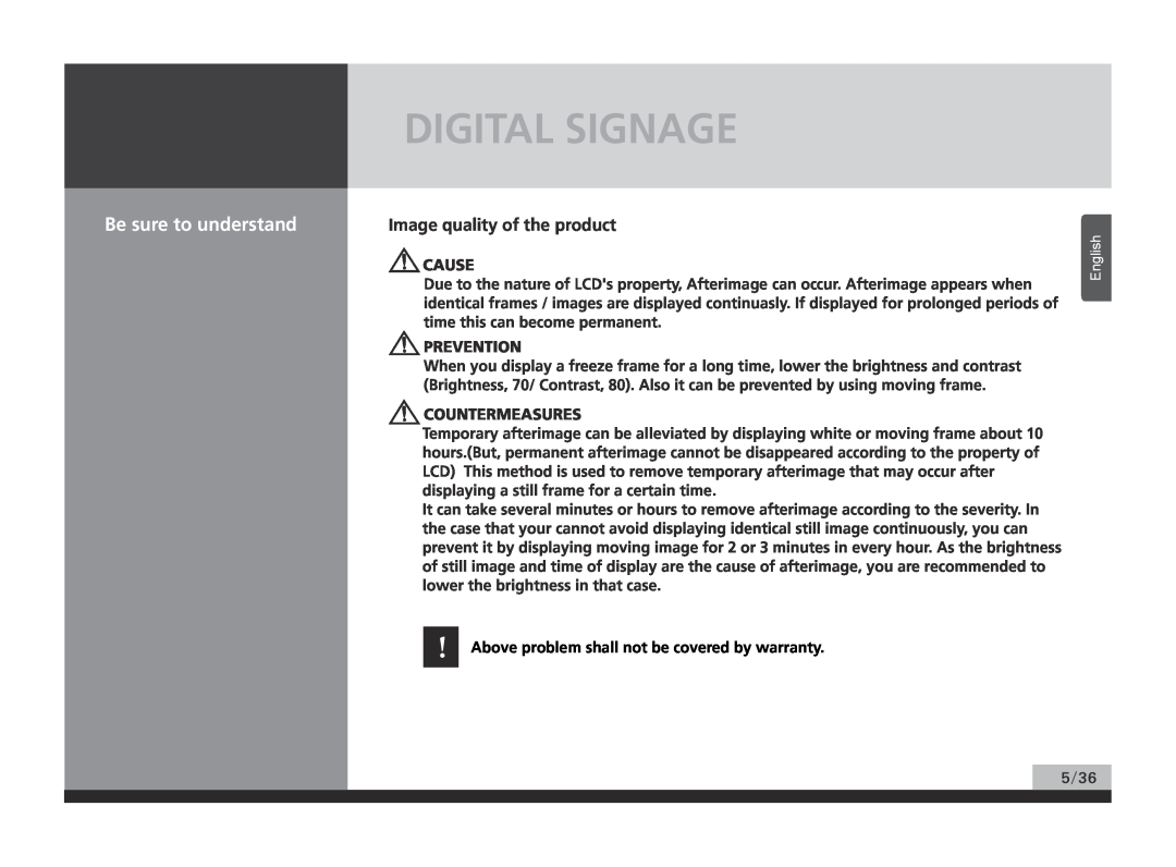 Hyundai P224WK manual Digital Signage, Be sure to understand, Image quality of the product 