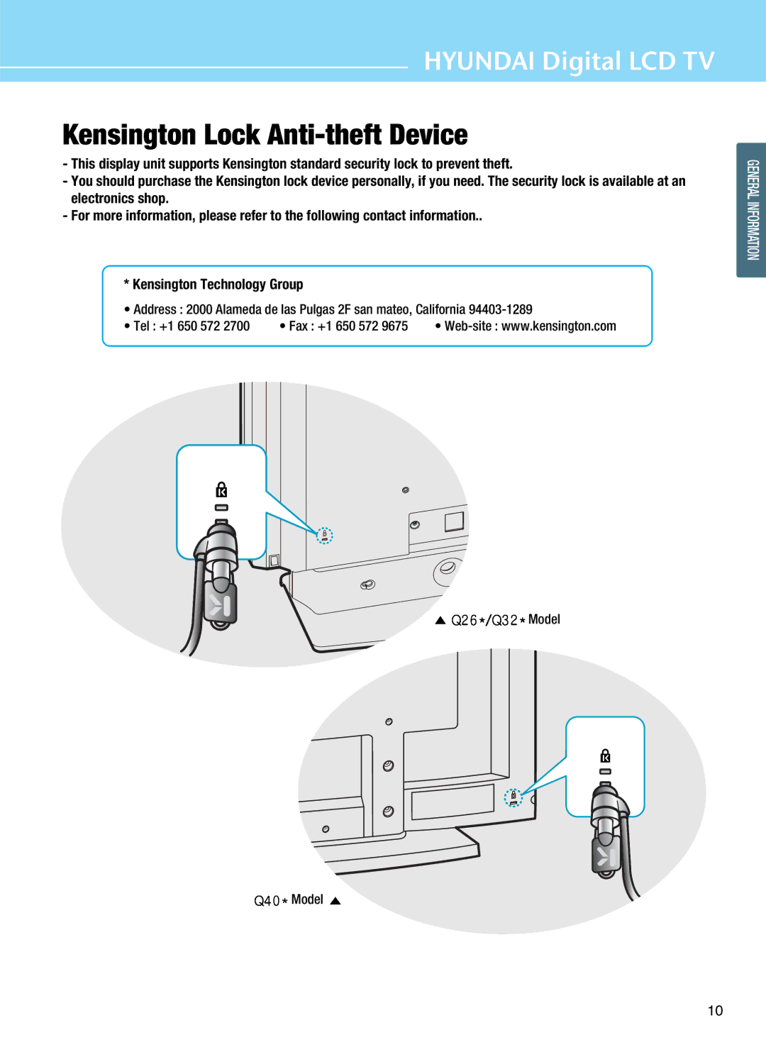 Hyundai Q320, Q401, Q321, Q261 manual Kensington Lock Anti-theft Device 