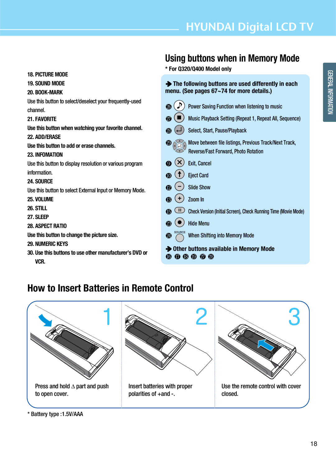 Hyundai Q320, Q401, Q321, Q261 manual How to Insert Batteries in Remote Control 