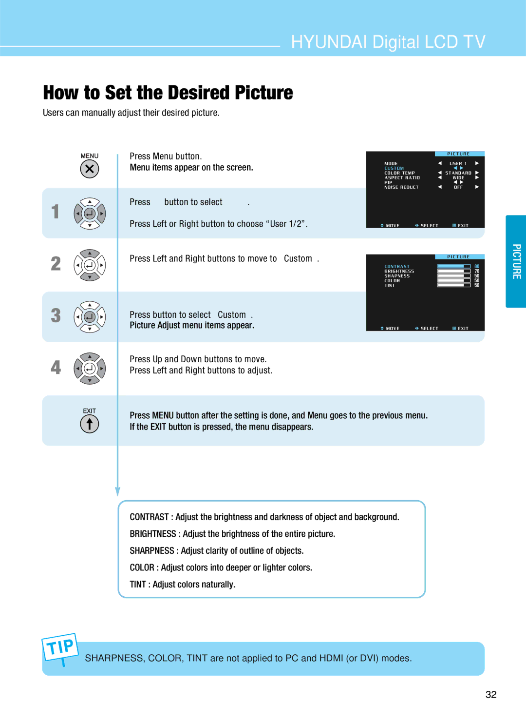 Hyundai Q261, Q401, Q320, Q321 manual How to Set the Desired Picture 