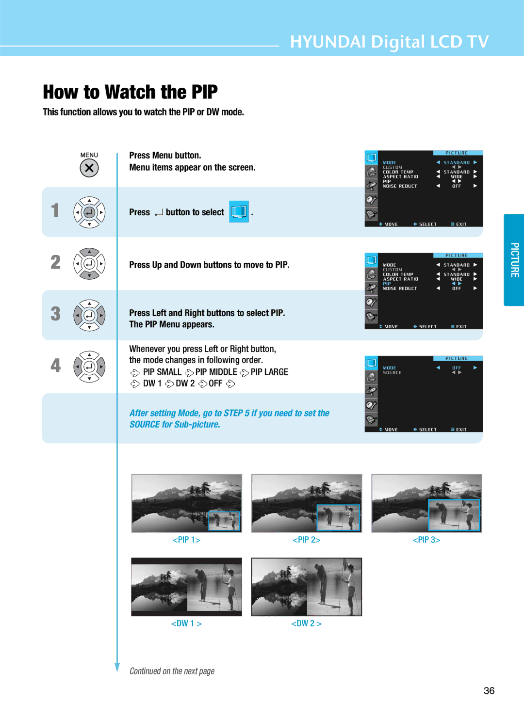 Hyundai Q261, Q401, Q320, Q321 manual How to Watch the PIP, PIP Menu appears, Mode changes in following order 