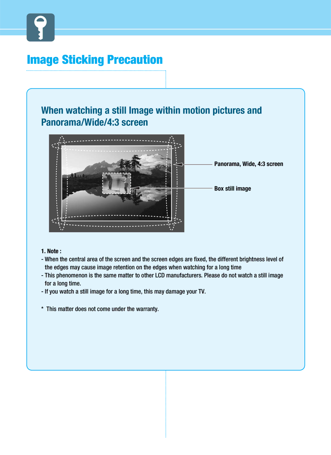 Hyundai Q401, Q320, Q321, Q261 manual Image Sticking Precaution, Panorama, Wide, 43 screen Box still image 