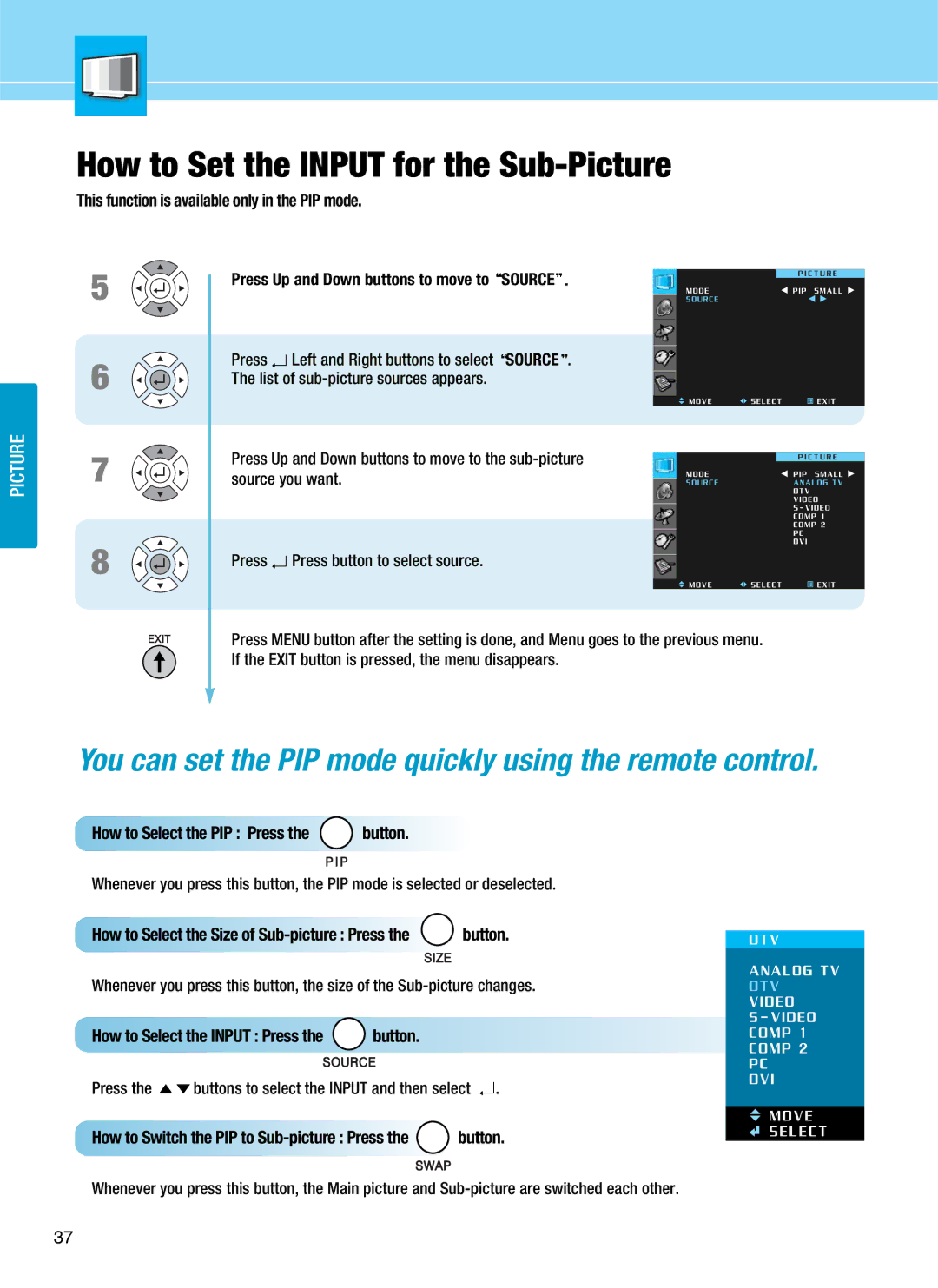 Hyundai Q401, Q320, Q321, Q261 manual How to Set the Input for the Sub-Picture 