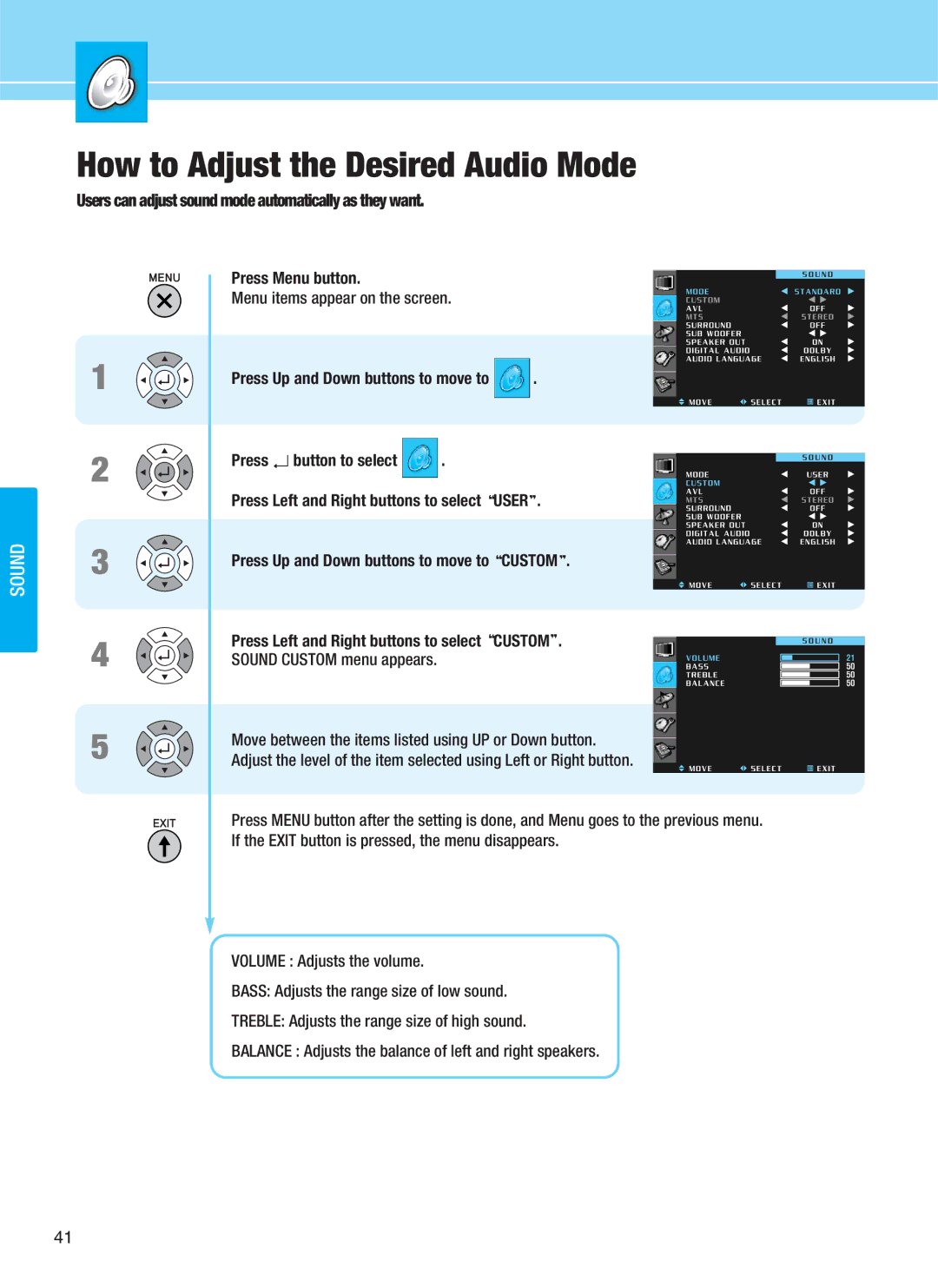 Hyundai Q401, Q320, Q321, Q261 manual How to Adjust the Desired Audio Mode 