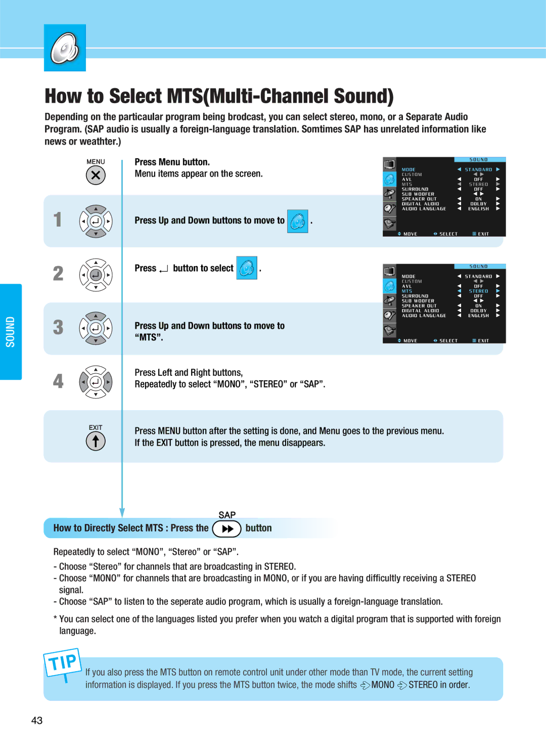 Hyundai Q321, Q401, Q320, Q261 manual How to Select MTSMulti-Channel Sound, Mts 