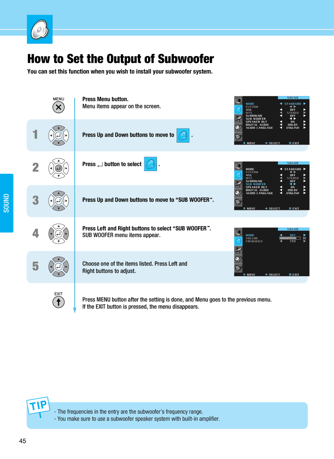 Hyundai Q401, Q320, Q321, Q261 manual How to Set the Output of Subwoofer, Right buttons to adjust 