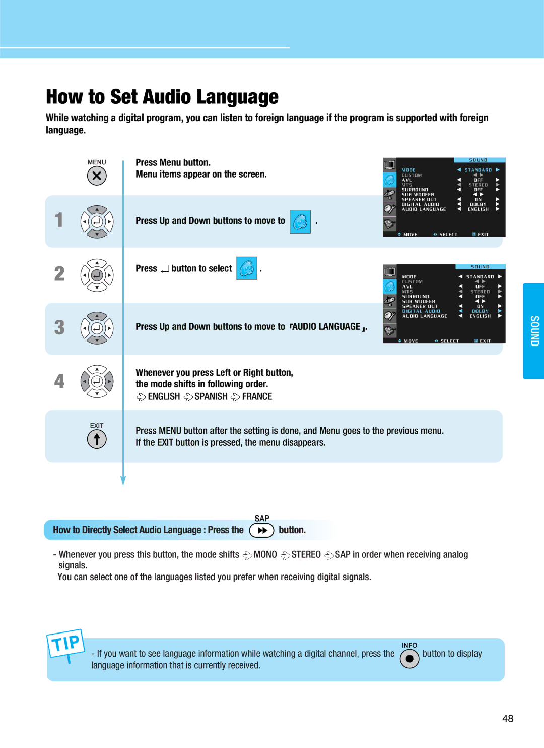 Hyundai Q261, Q401, Q320, Q321 manual How to Set Audio Language, Mode shifts in following order 