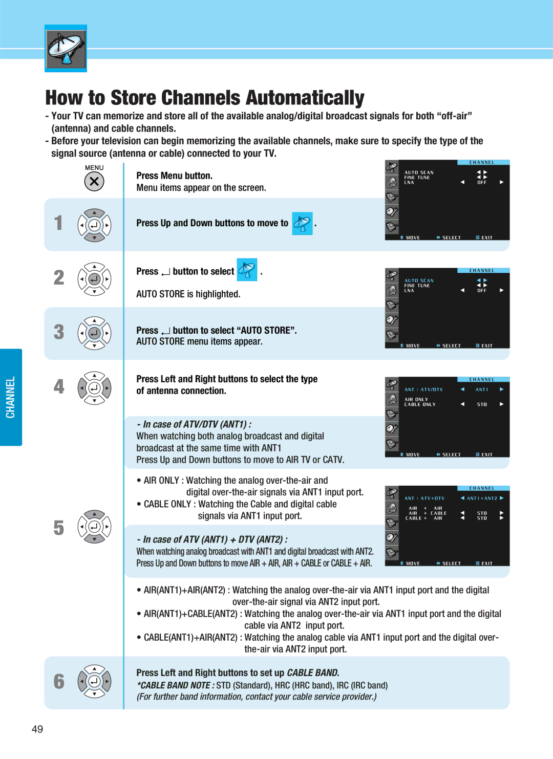 Hyundai Q401, Q320, Q321, Q261 manual Auto Store menu items appear, Antenna connection 