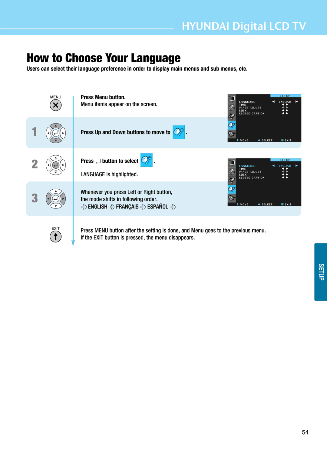 Hyundai Q320, Q401, Q321, Q261 manual How to Choose Your Language, Press Up and Down buttons to move to Press button to select 