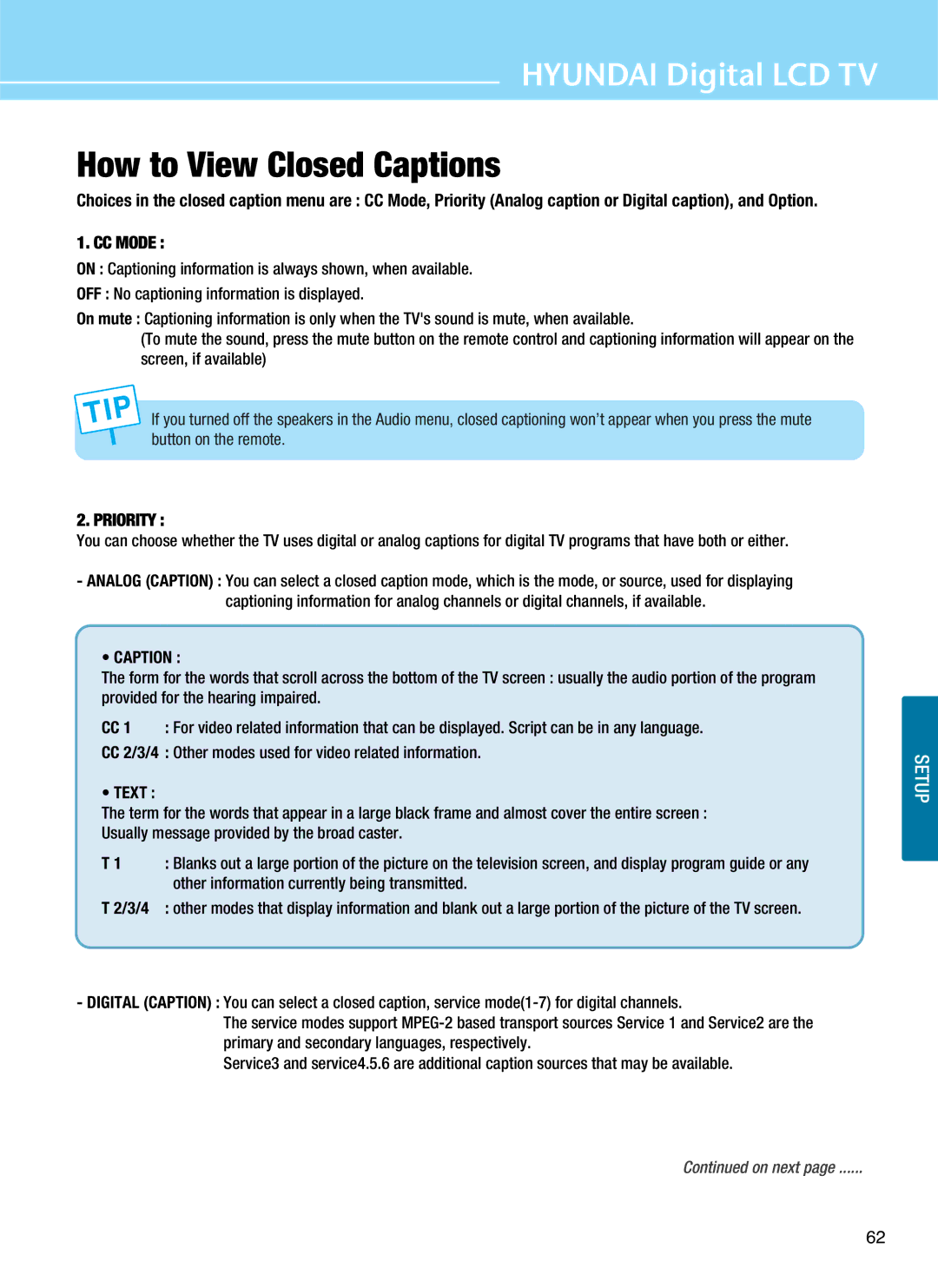 Hyundai Q320, Q401, Q321, Q261 manual How to View Closed Captions, CC Mode, Text 