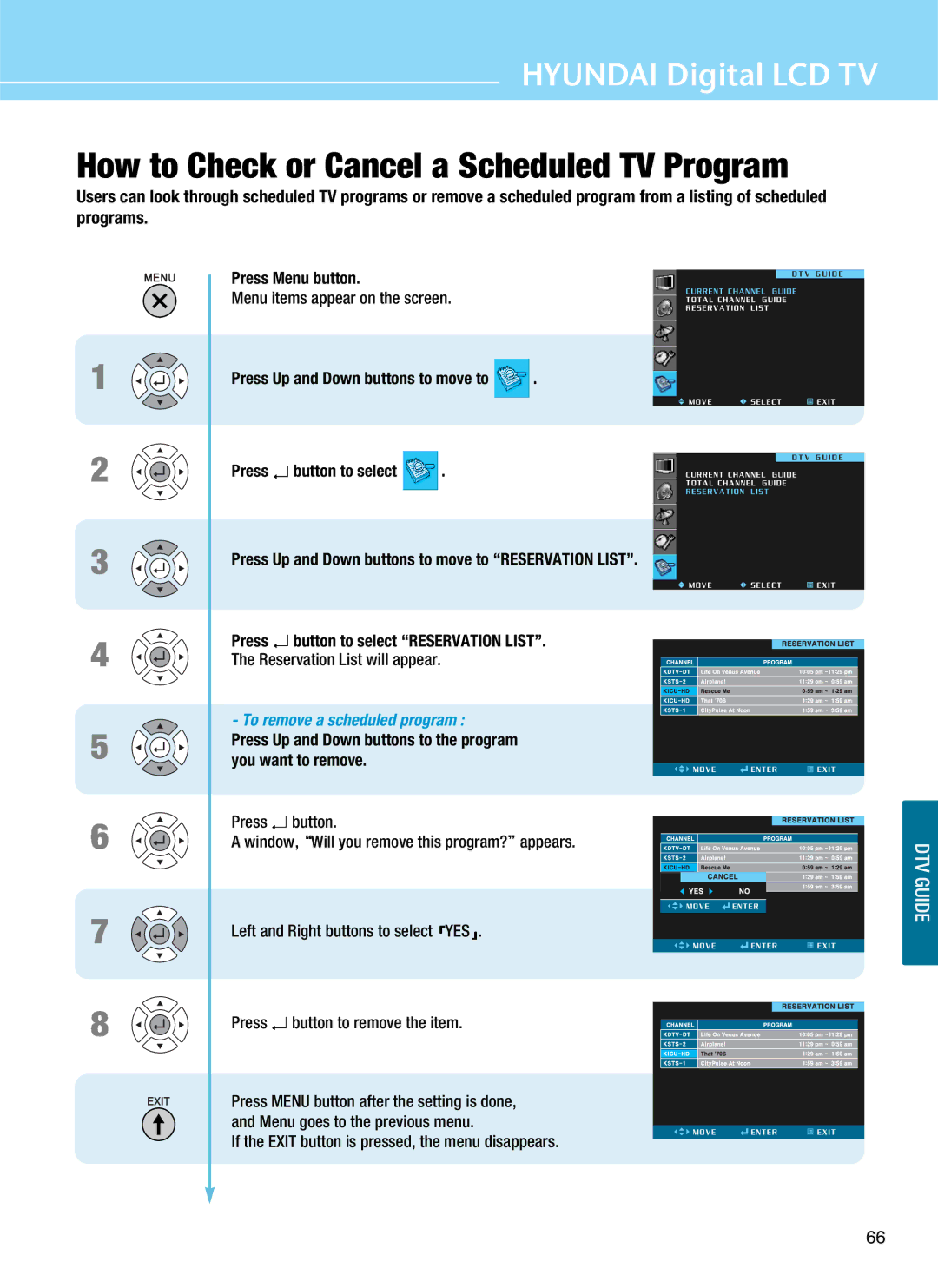 Hyundai Q320, Q401, Q321, Q261 manual How to Check or Cancel a Scheduled TV Program 