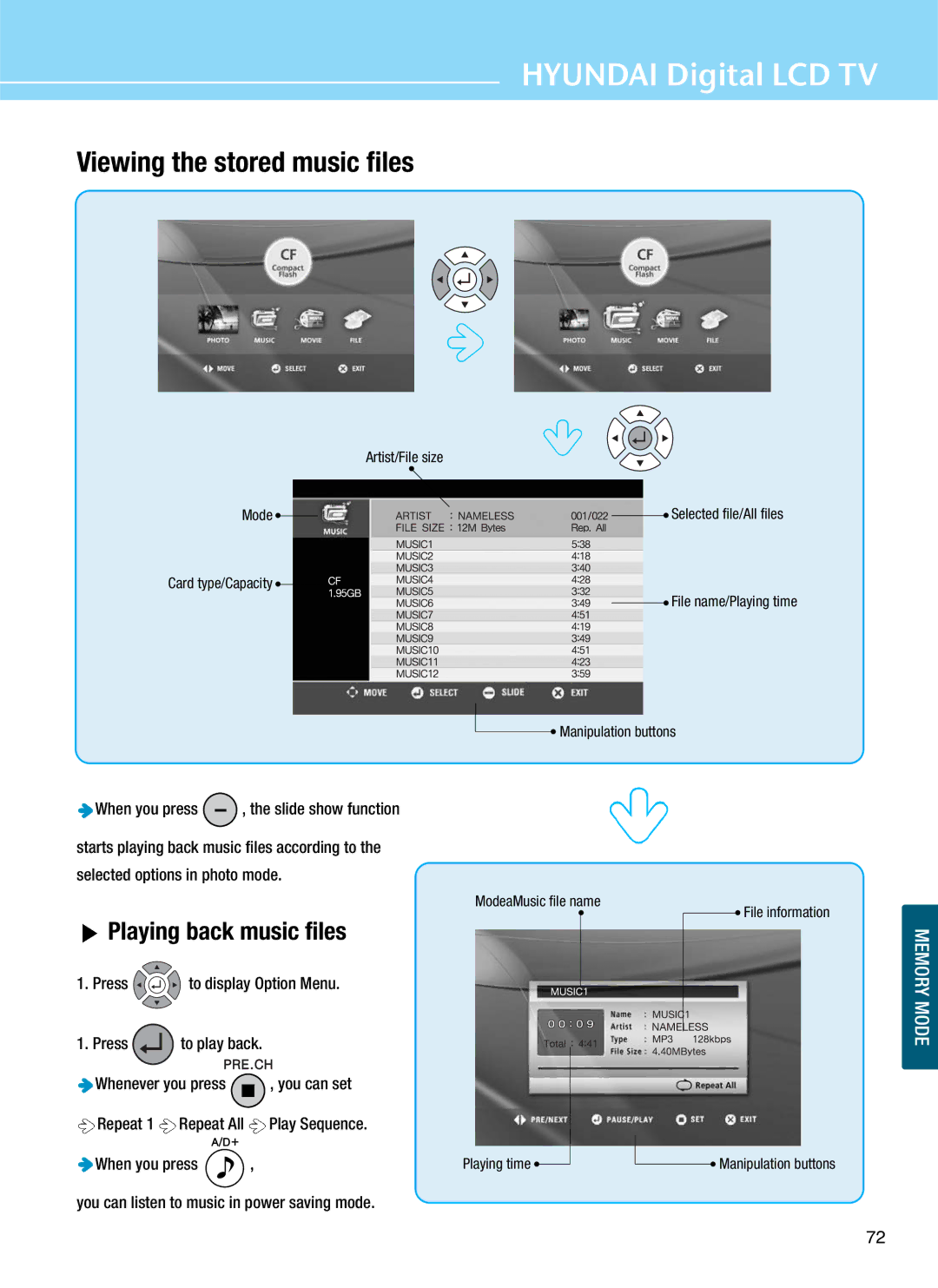 Hyundai Q261, Q401, Q320, Q321 manual Viewing the stored music files 