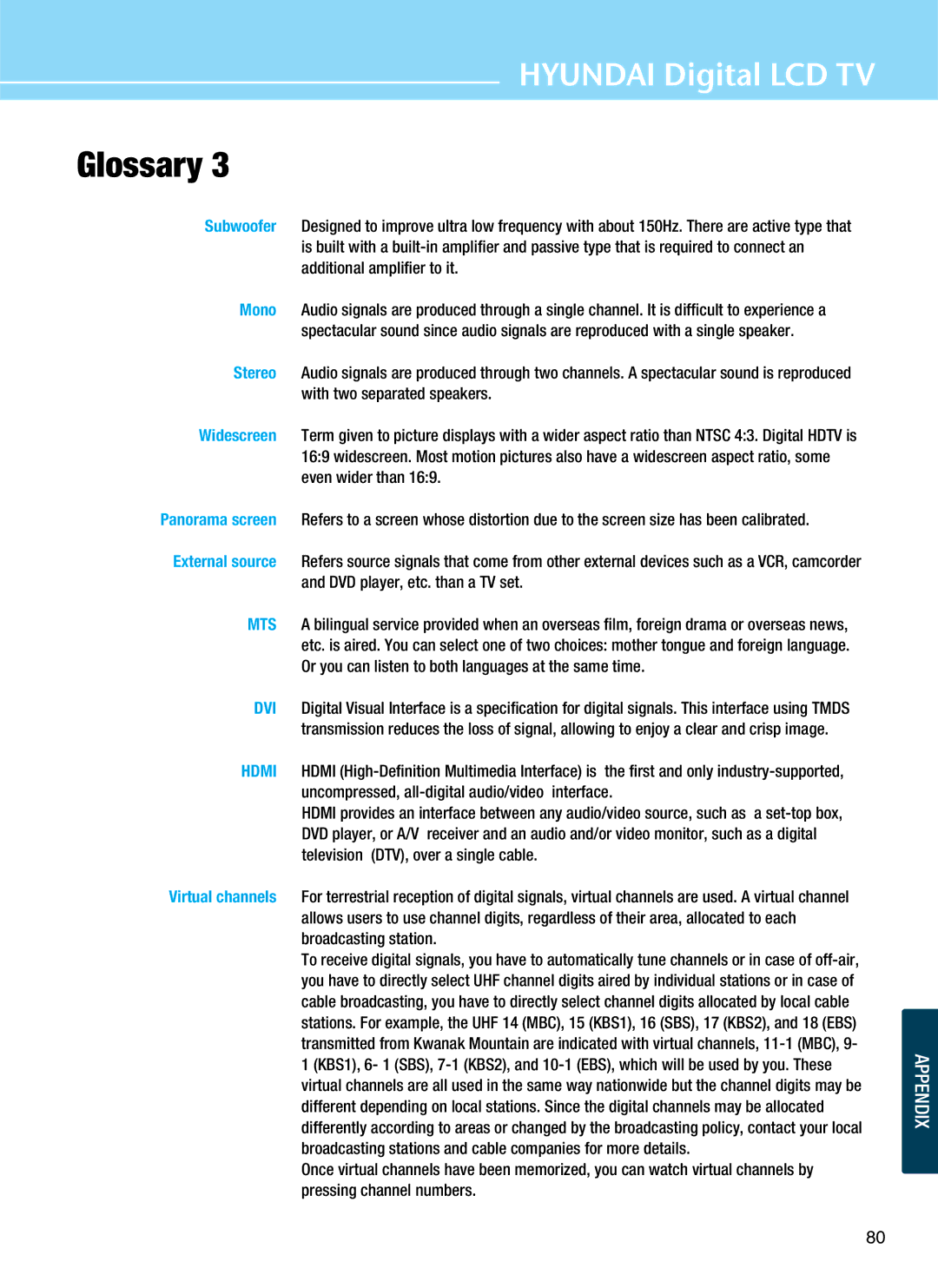 Hyundai Q261, Q401, Q320, Q321 manual Glossary 